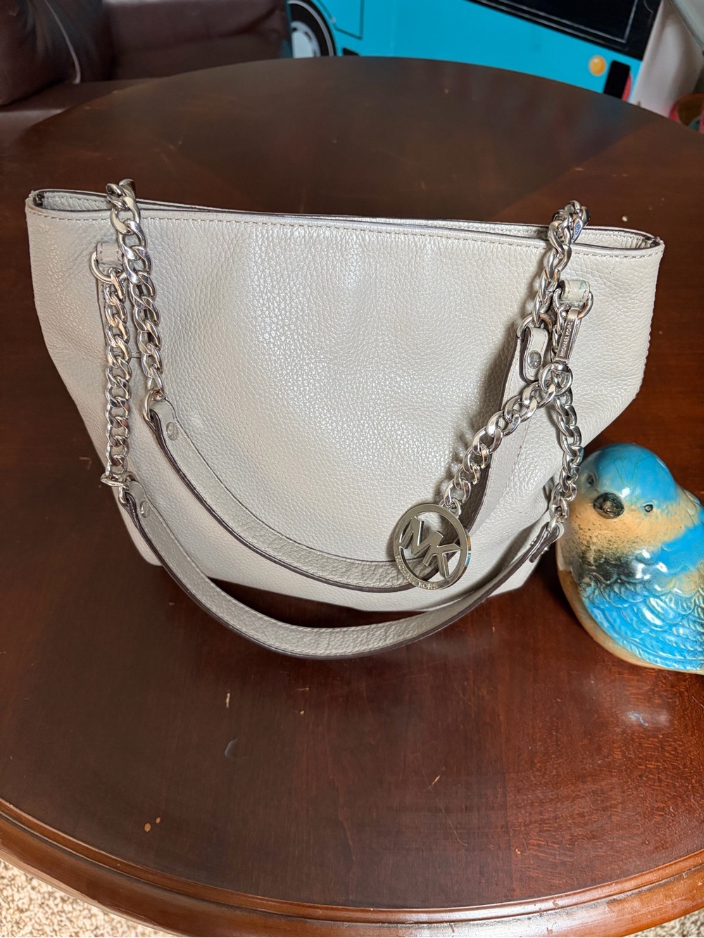 Michael Kors Pebbled Leather Shoulder Bag in Light Gray with Silver Chain